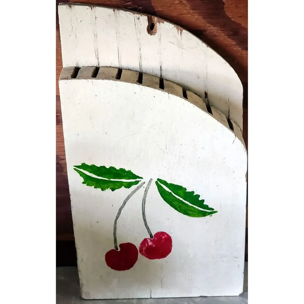 Vintage Farmhouse Wooden Hanging Knife Holder Cherry Design Holds 8 See Pic.